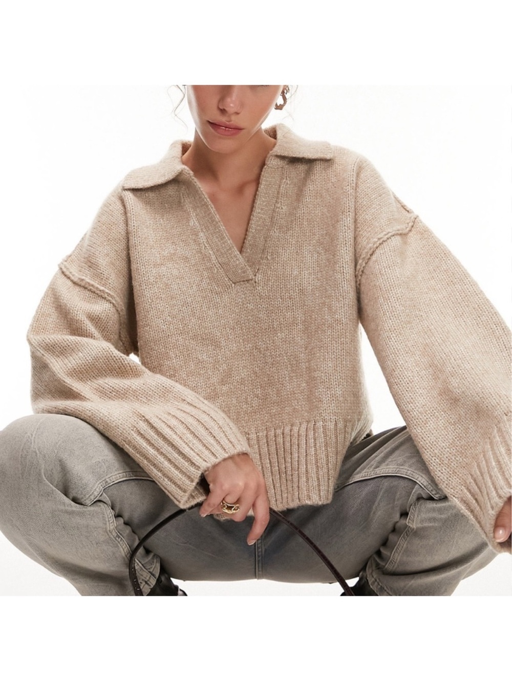 Topshop Cream Collared V-Neck Knit Sweater